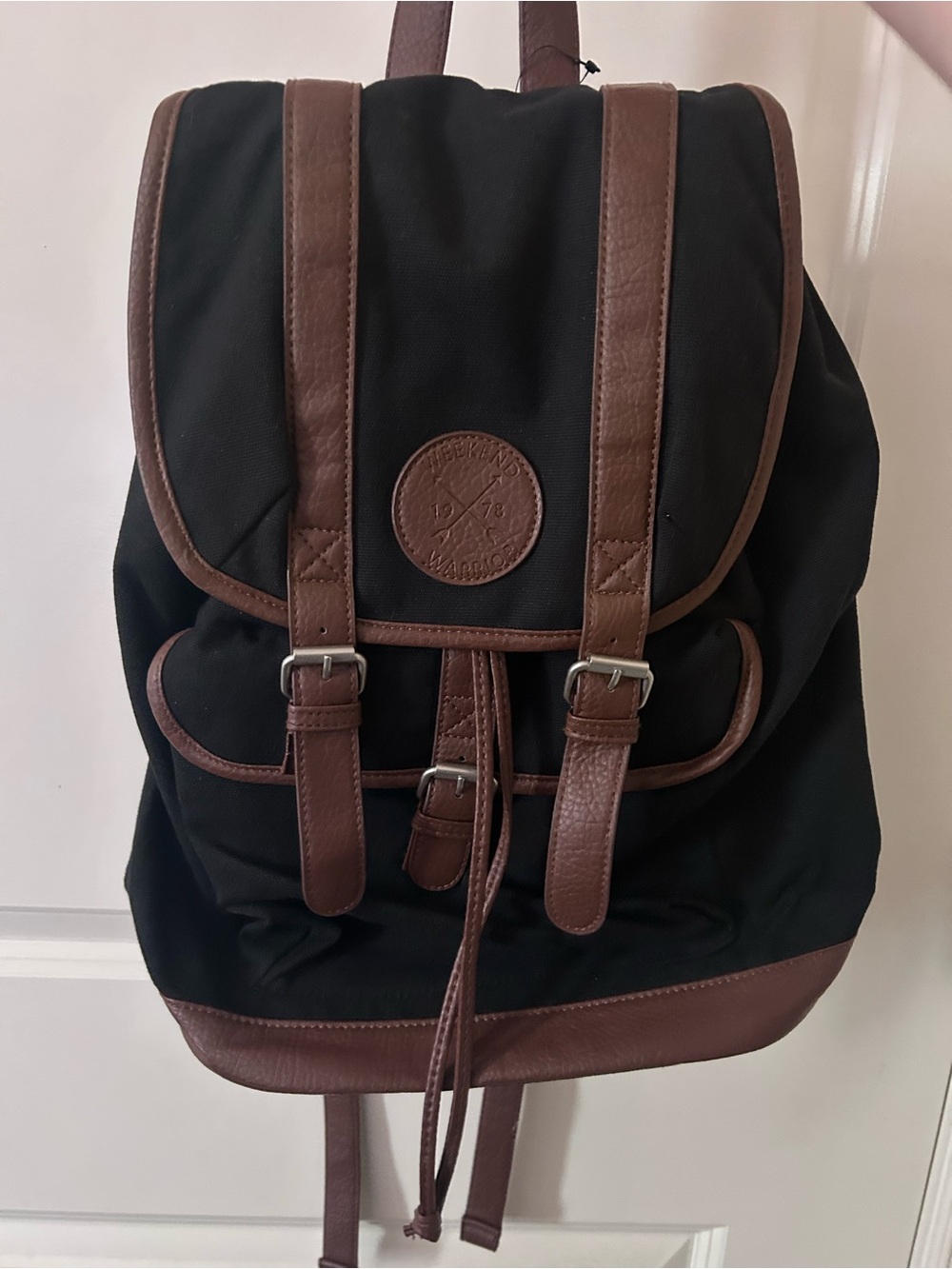 Unisex Empyre Black Canvas Backpack, Brown Faux Leather Buckle Straps, NWT